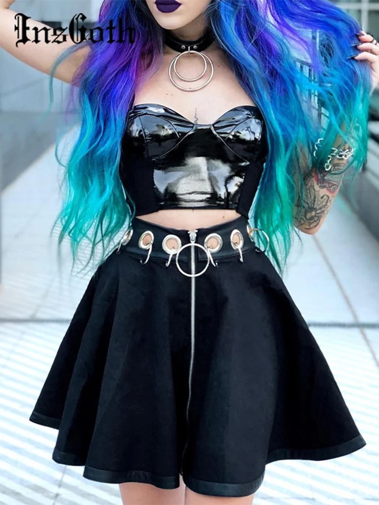 

Женская плиссированная мини-юбка, черная Готическая короткая юбка А-силуэта с металлическими кольцами, с вырезами, повседневная юбка в готи...