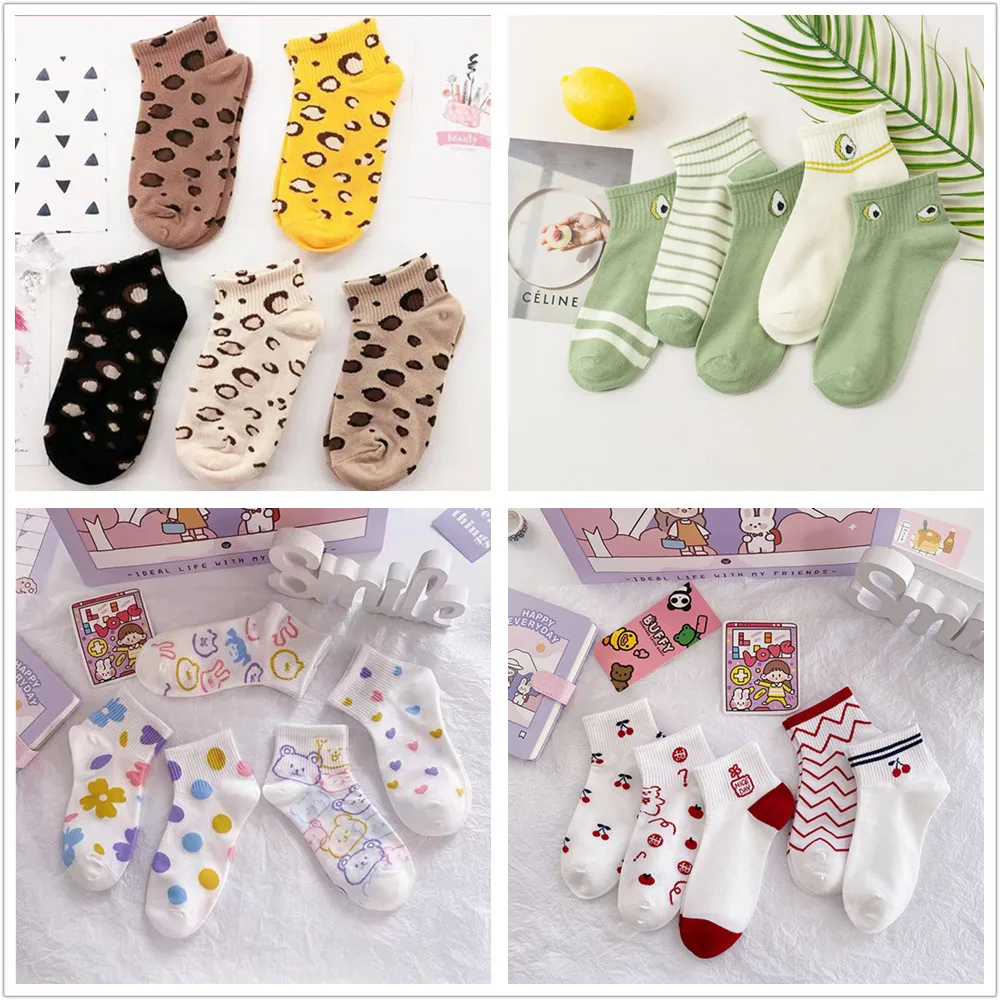 

5 Pairs/lot Spring Summer Fresh Elegant Cotton Leopard Floral Fruit Women Short Socks Students Girls Slippers Dress Ankle Sox