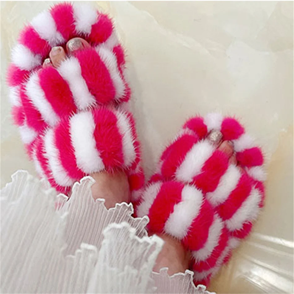 Шлепанцы женские с мехом роскошные дизайнерские сандалии Нескользящие мягкая