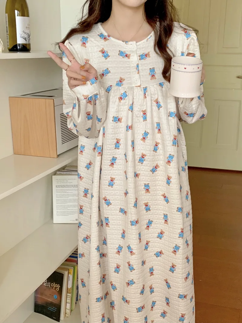 

Осенне-зимняя женская домашняя одежда из мягкого хлопка Толстая Милая Пижама с круглым вырезом и мультяшным медведем с длинным рукавом Сво...