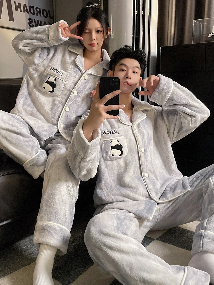 Autumn and Winter Coral Fleece Couple Pajamas Women Thickened Fleece-lined Warm 2024 New Cartoon Men's Homewear