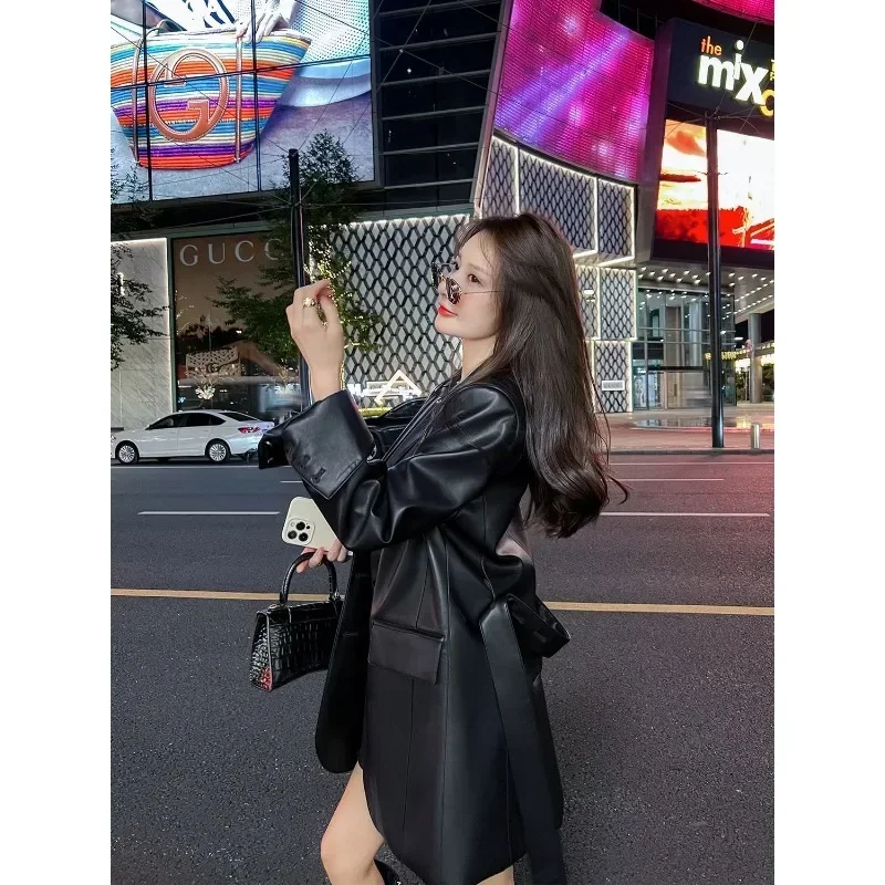 Черный женский пиджак из искусственной кожи весна-осень 202 новинка Senior Sense