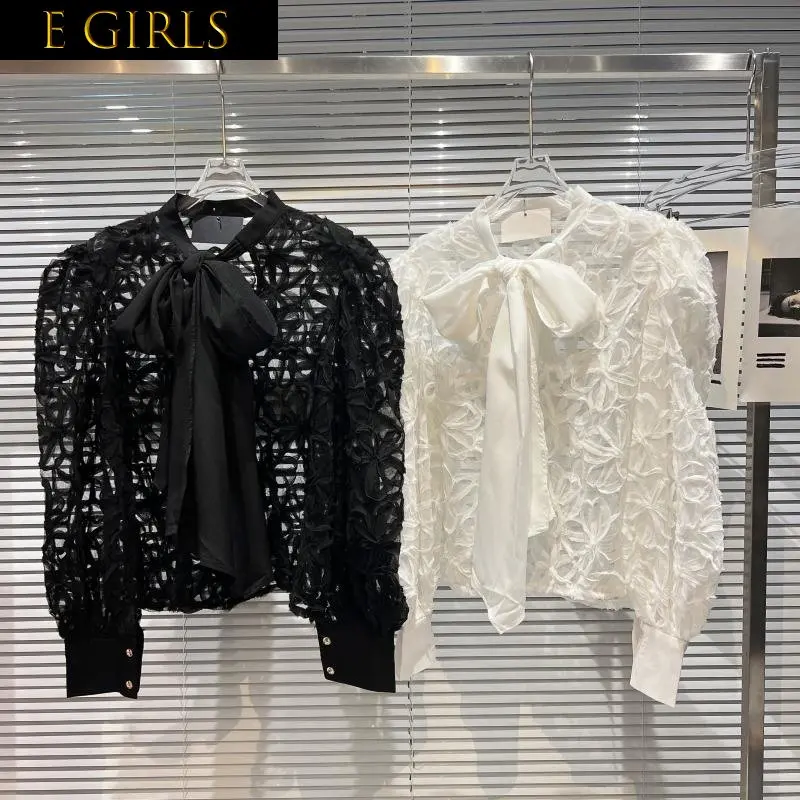 

J GIRLS 2022 Autumn New Arrivals Long Puff Sleeve Bow Bandage Mesh Hook Flower Hollow Out Lace Blouse Women Top GG273