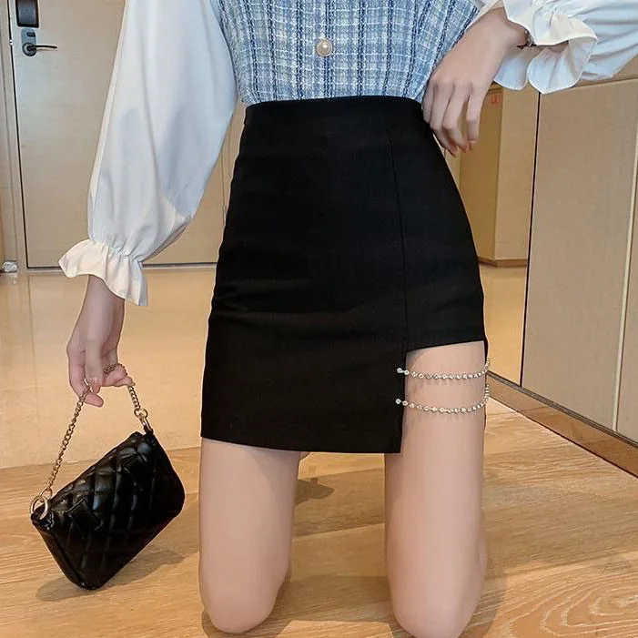 Mini Skirts Women Side-slit Crystal-chain Korean Style Slim Trendy Elegant Patchwork Female Bottom Summer Popular Chic