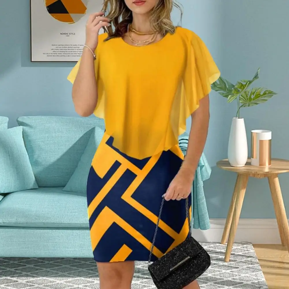 

Women Short Dress Fake Two Piece Geometric Print Hip Wrap O Neck Slim Waist Retro Bodycon Summer Ladies Mini Dress Dating Wear