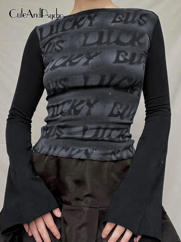 

Ретро футболки cuteandпсиходелические с буквенным принтом Y2K, с расклешенными рукавами, в стиле пэчворк, готический наряд, винтажные укороченные топы в стиле Харадзюку, футболки