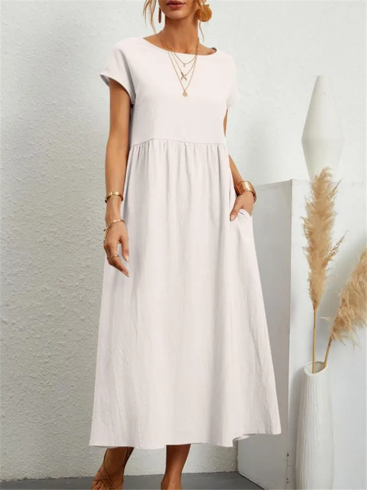 

Summer Dress Women 2023 New Fashion Casual Loose Short Sleeve Pockets Cotton Linen Dress Feminina