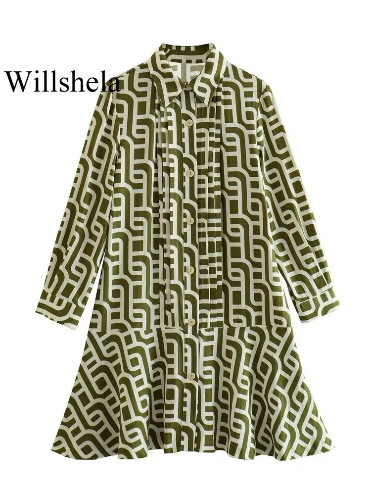 

Willshela женское модное однобортное мини-платье с принтом Винтажное с воротником с лацканами и длинными рукавами женские шикарные женские пла...