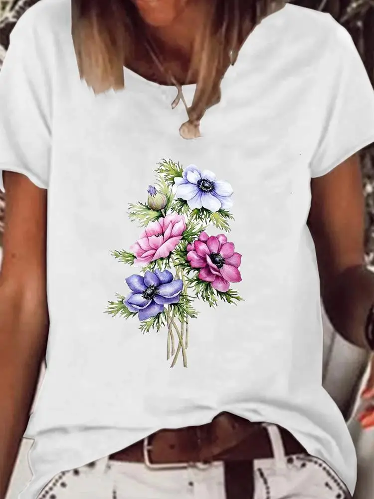 

Print T Shirt Short Sleeve Summer Clothes Women Clothing Fashion Watercolor Flower 90s Trend Graphic T-shirt Basic Tee Top