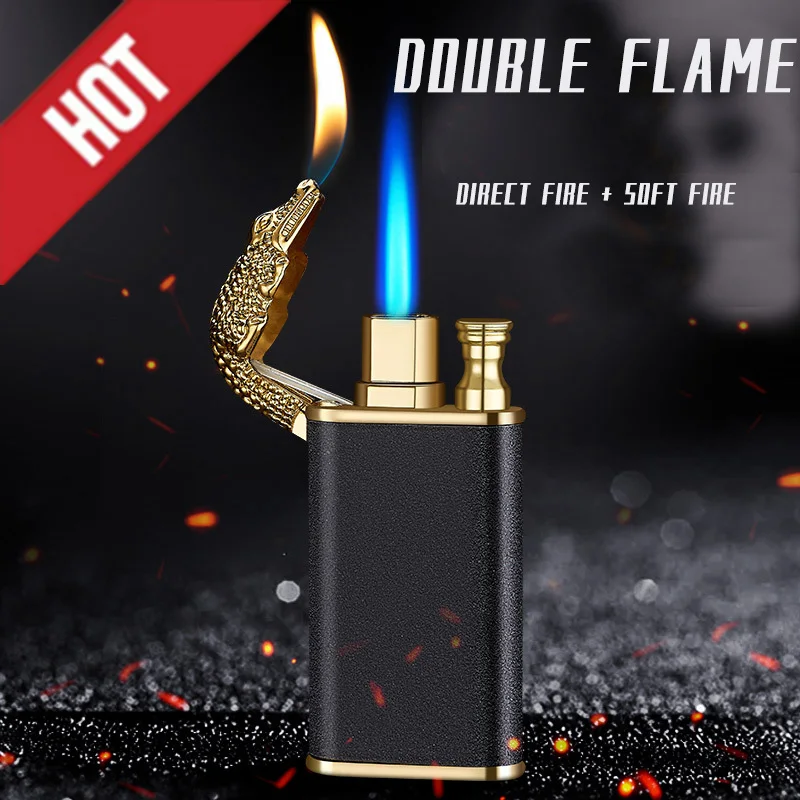 

2022 New Blue Flame Metal Crocodile Dolphin Double Fire lighter creative Direct Windproof Open Fire Conversion Lighter, Man's Gi