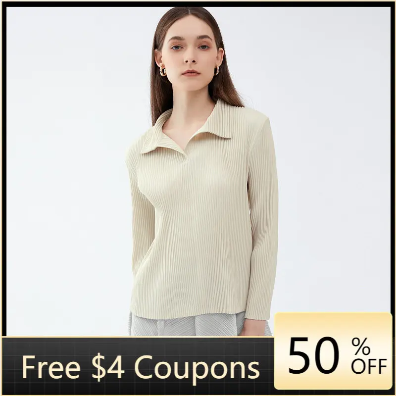 

Новинка 2023, футболка-поло ранней весны с длинным рукавом и воротником, Женская облегающая футболка в Корейском стиле, Тонкий Повседневный плиссированный топ