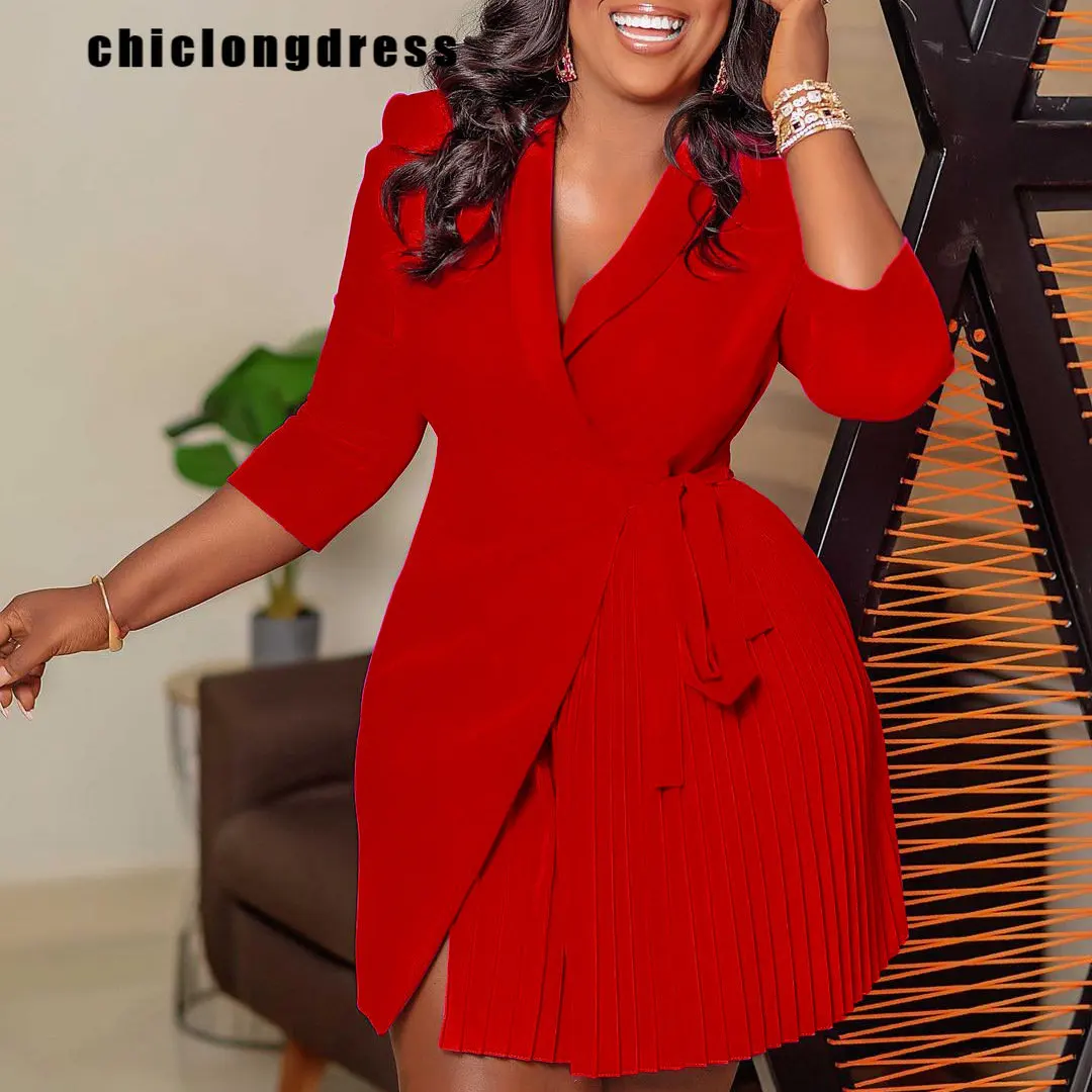 

Spring Summer Fashion Solid Pleated Dress Women Elegant Office Ladies V-neck Lace-up Pleated A-line Dress Women