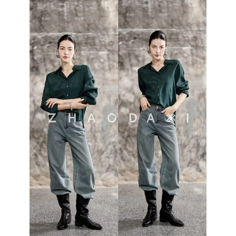 Новинка осени 2024 женская дизайнерская рубашка в зеленую полоску Корейском стиле