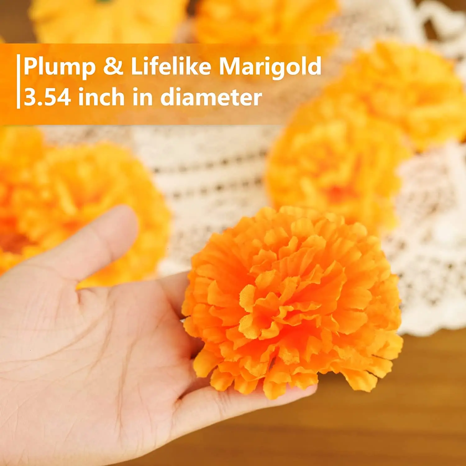 

3.9inch Marigold Flowers Artificial Day of the Dead Flower 50Pcs Fake Marigold Flowers Head for Marigold Garland Making