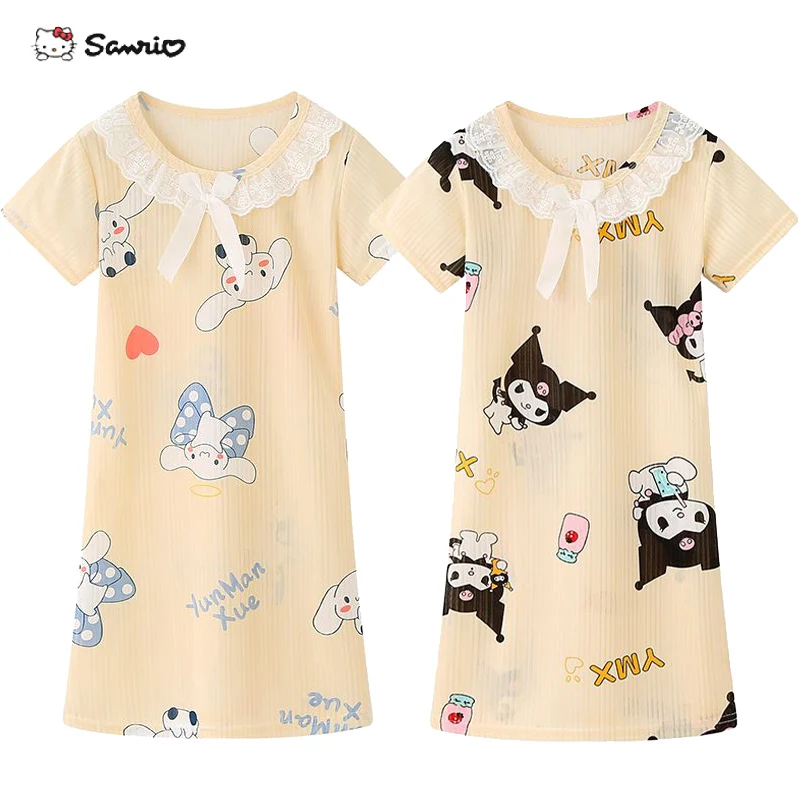 

New Summer Thin Girl Baby Pajama Dress Kawaii Sanrio Cinnamoroll Kuromi Anime Cartoon Children Pajamas Nightdress Gift