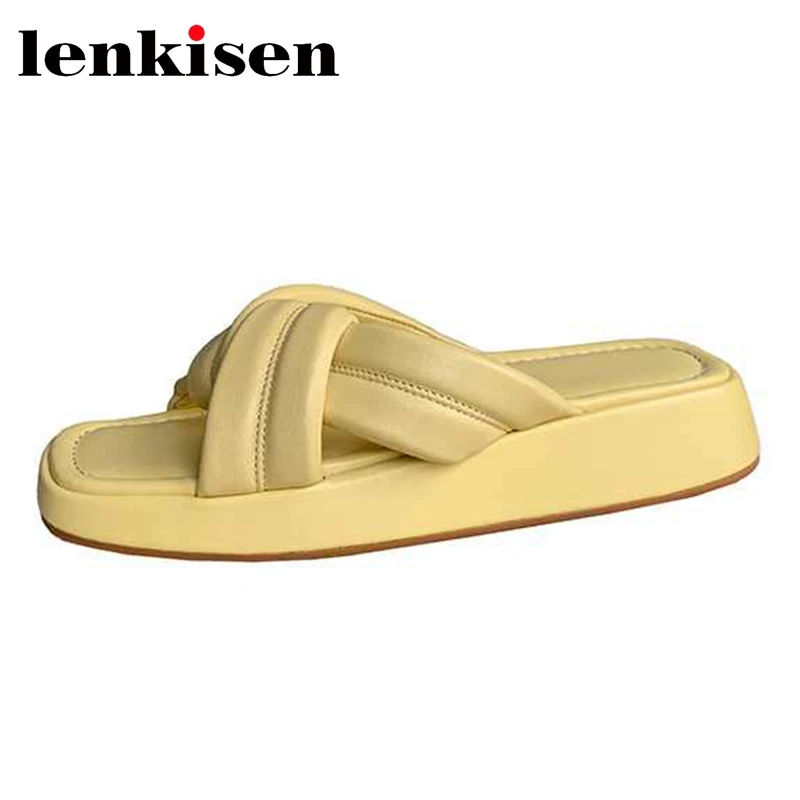 

Lenkisen Sheep Leather Peep Toe Thick Bottom Platform Concise Style Three Colors Leisure Cozy Summer Women Outside Slippers L20