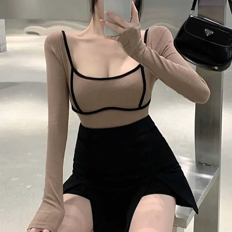 

2023 повседневные женские футболки с квадратным вырезом и длинным рукавом, сезон весна-осень, облегающие сексуальные однотонные Базовые укор...