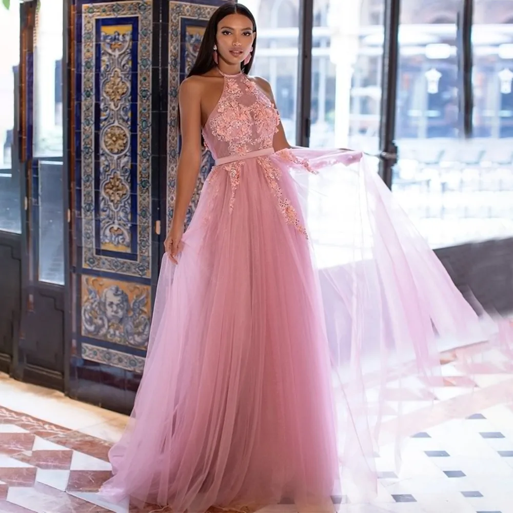 

Кружевное платье для выпускного нового дизайна с лямкой на шее, вечерние платья-трапеции из тюля с 3D цветами, длинные платья