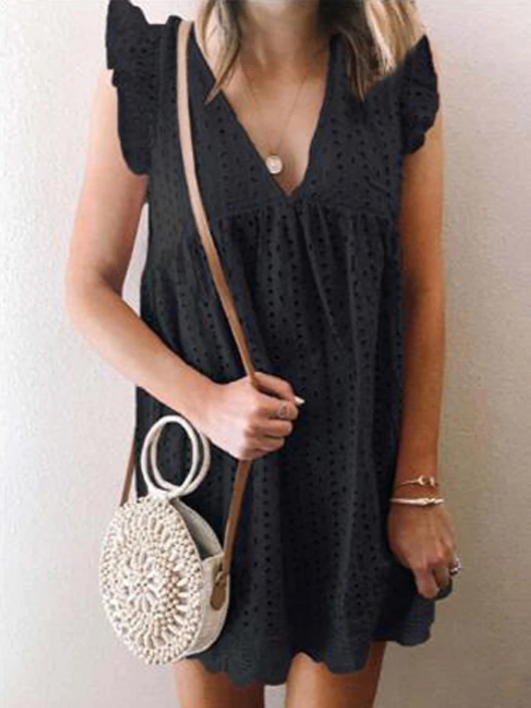 Сексуальное платье с глубоким V-образным вырезом, вышивкой и кружевными рукавами, весеннее платье с оборками, на лето, с эластичным поясом, офисное платье.Сексуальное платье с глубоким V-образным вырезом, вышивкой и кружевными рукавами, весенние платья с 