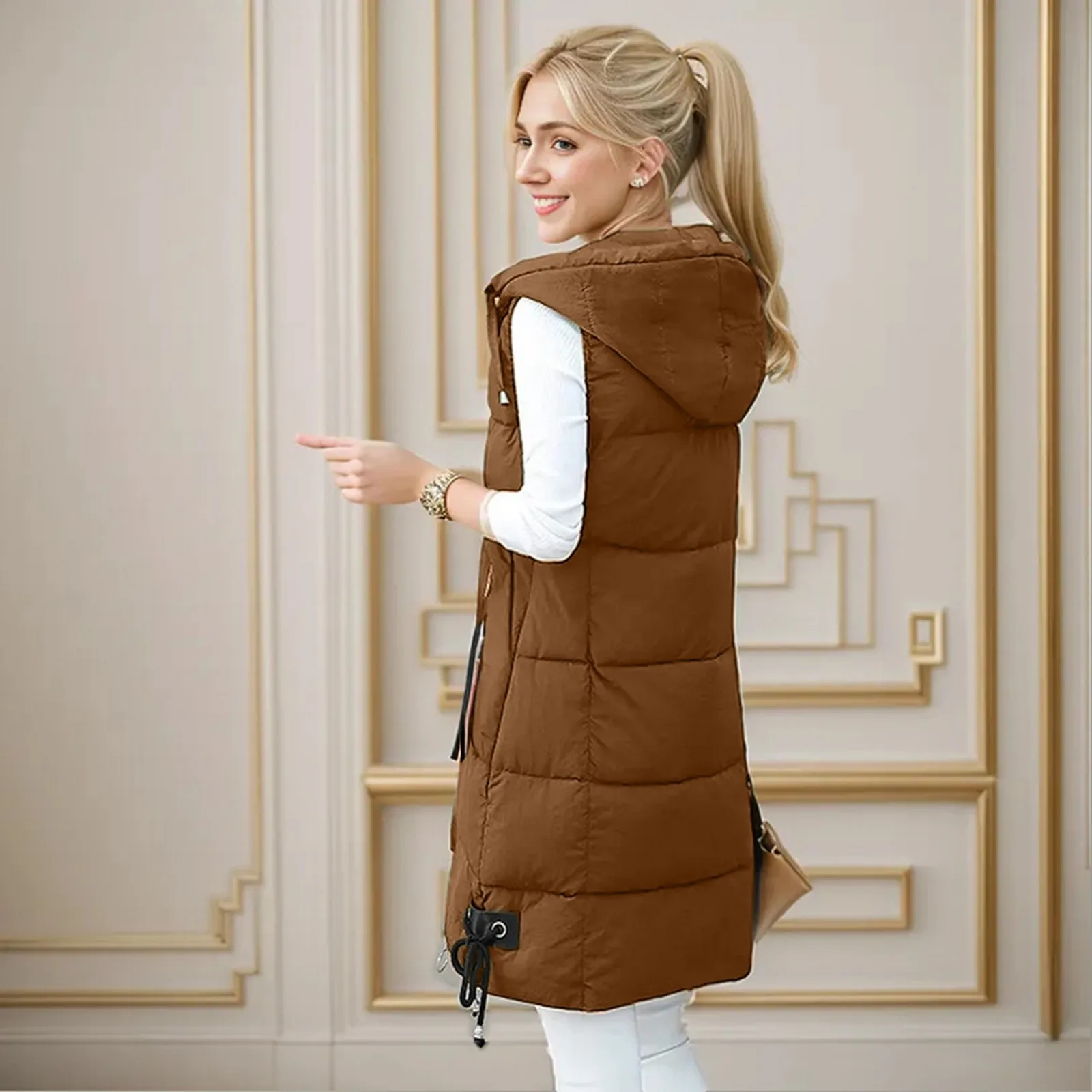 Женская Повседневная однотонная куртка жилет с капюшоном приталенная