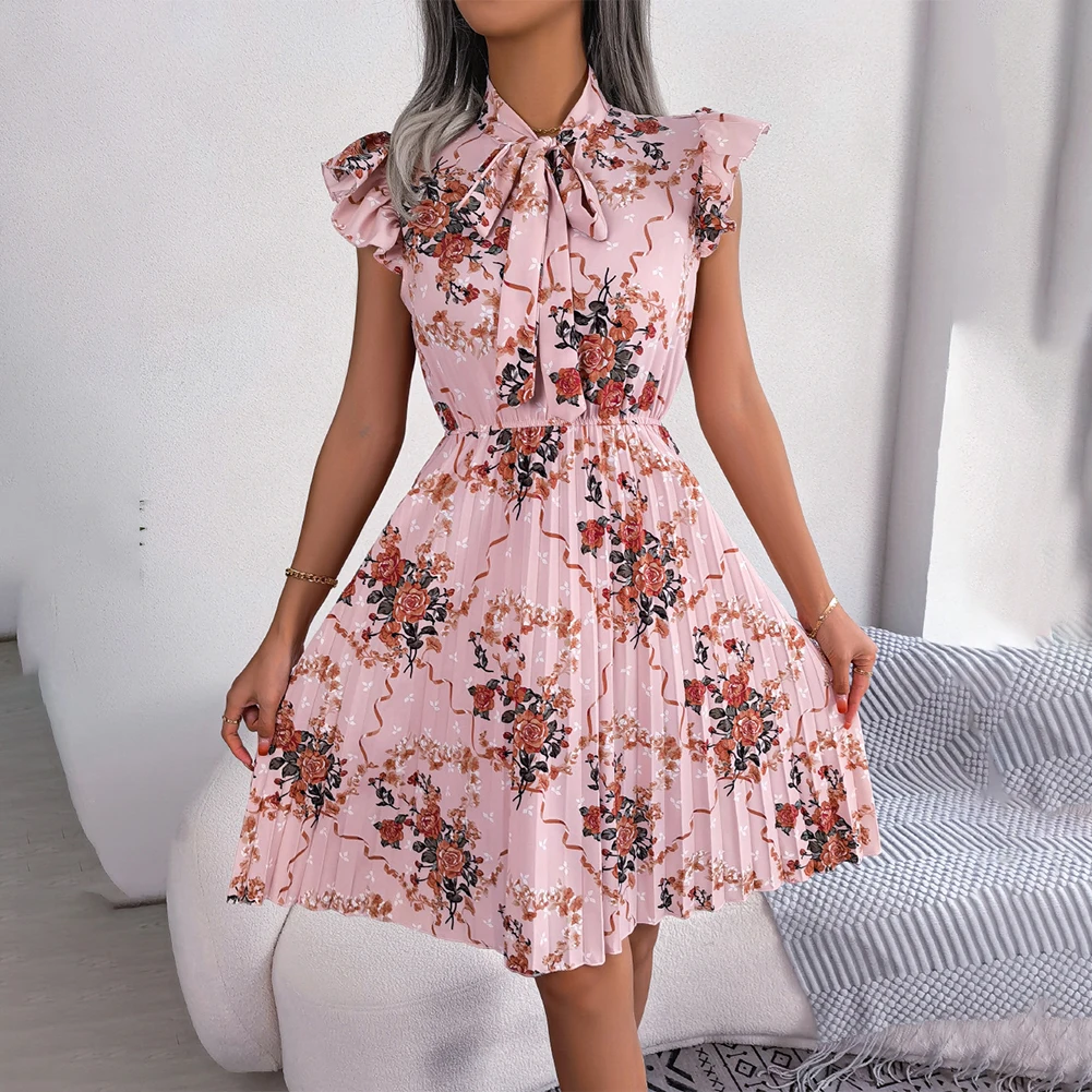 

Женское богемное летнее платье, элегантное плиссированное платье розового, зеленого, синего цвета с цветочным принтом, воротником-стойкой, поясом и оборками на рукавах