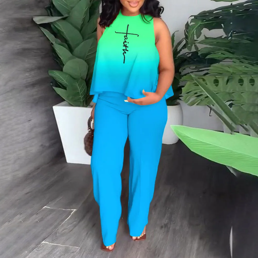 

LKF New Casual Printed Street Style Sleeveless Vest Loose Top Wide-leg Trousers 2-piece Suit Female