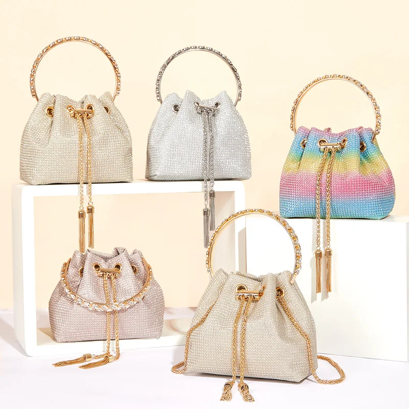 

New Rainbow Colour Diamond Tassel Bucket Bag Personality Trend Senior Sense Handbag Crossbody Ladies Handbag