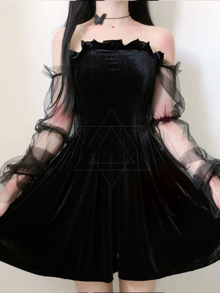 New Vintage Elegant Lace Up Goth Retro Party Dresses Women Gothic Punk Dress Long Flare Sleeve Sexy Black Mesh Sawing  Dress images - 6