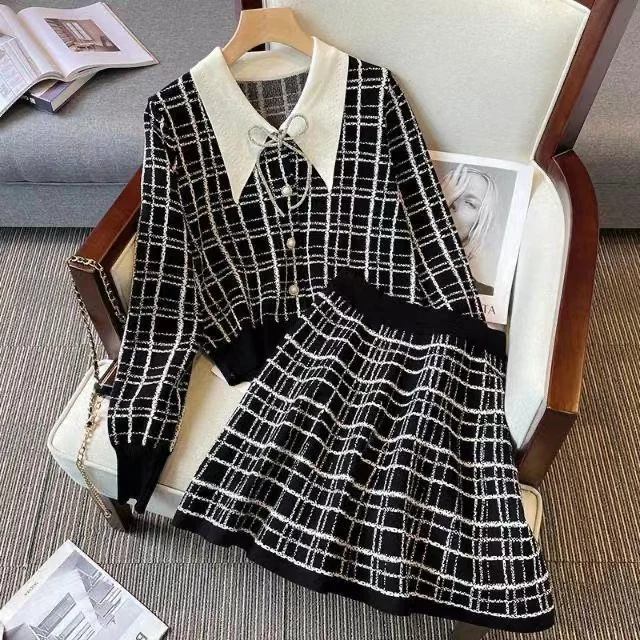 Осенне-зимний женский вязаный костюм пуловер свитер и Юбка До Колена с высокой