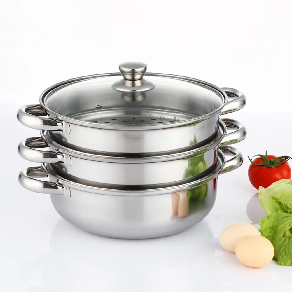 

28cm Large Home With Handles Dual Use Kitchen Insulated Visual Cover Stainless Steel 3 Tier Steamer Pot Food Maker Cookware