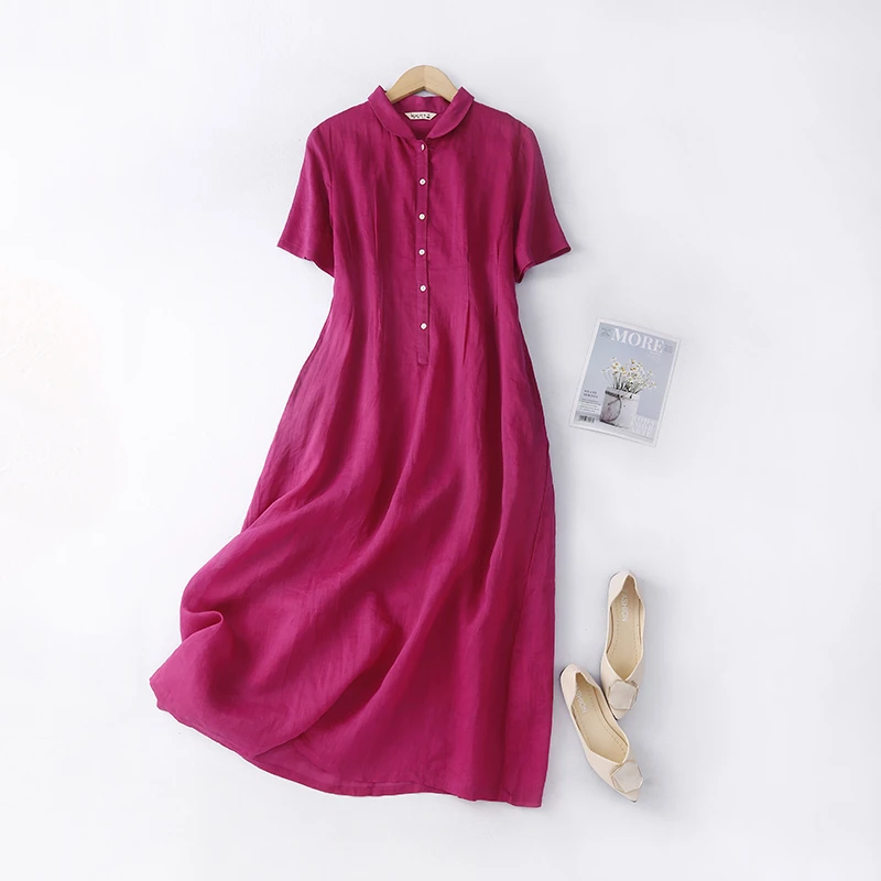 

Limiguyue High Waist Dress Summer Doll Collar Short Sleeve Ankle Length Women Casual Single Breasted Cotton Linen Dresses J323