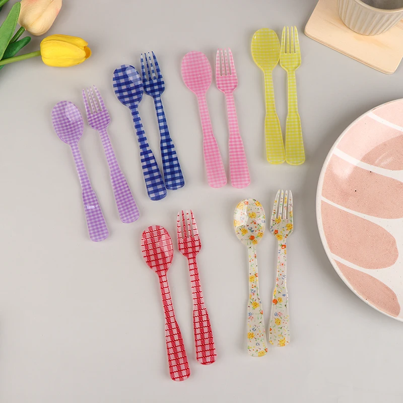 2Pcs/Set French Style Retro Plaid Dessert Spoon Fork Plastic Tea Coffee Mixing Spoon Vintage Drink Tableware Teaspoons