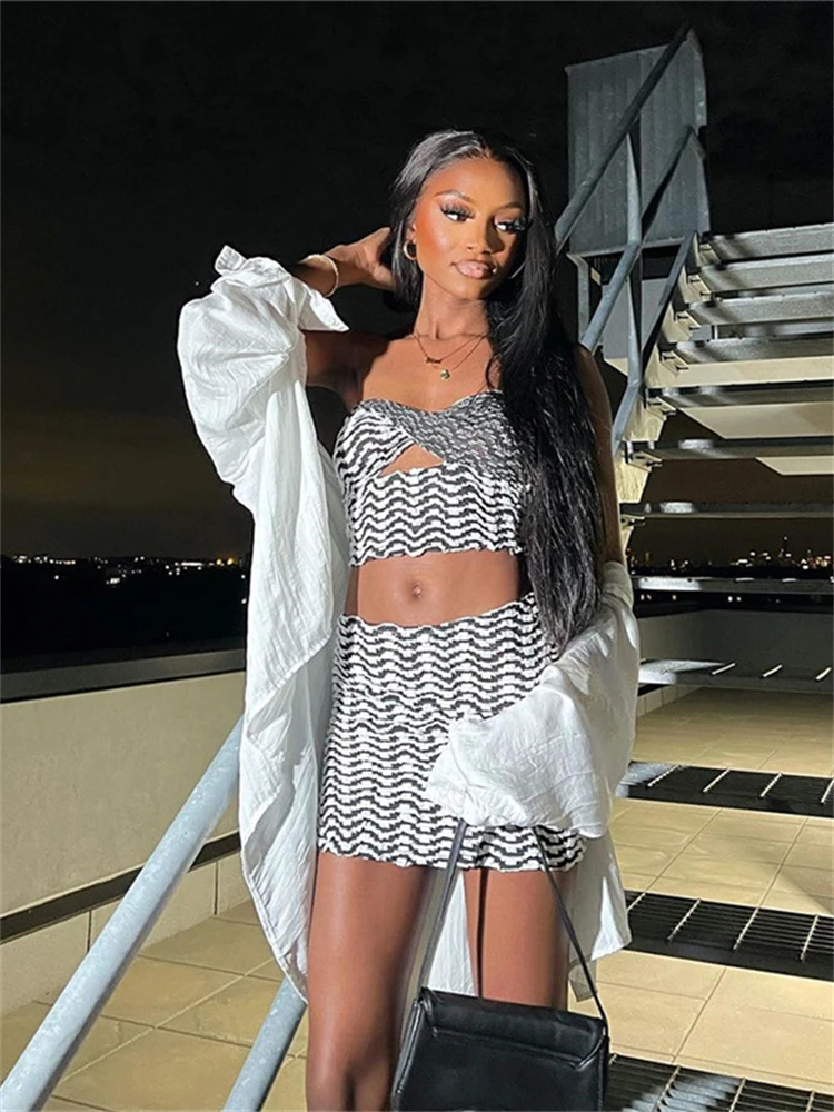 

Женский соблазнительный клубный костюм habmingвесна 2023, комплект из двух предметов с полосатым принтом без бретелек, Женский комплект для маки...