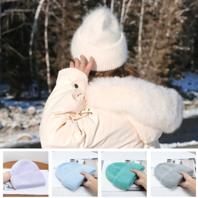 

17 цветов шапочки женские модные теплые кашемировые зимние осенние ангорские кроличьи меховые вязаные пуловеры шапка Толстая шапка тройного сложения