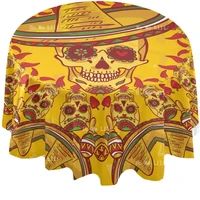 Red Yellow French Provencal Mexican Style Traditional Cinco De Mayo Round Tablecloth Sugar Skull Ethnic Dia Los Muertos Decor