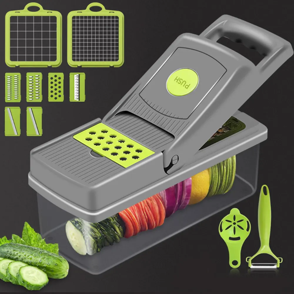 

Free Shipping 14 Pcs Multifunctional Vegetable Chopper Onion Potato Fruit Salad Chopper with Container and Hand Protector Slice
