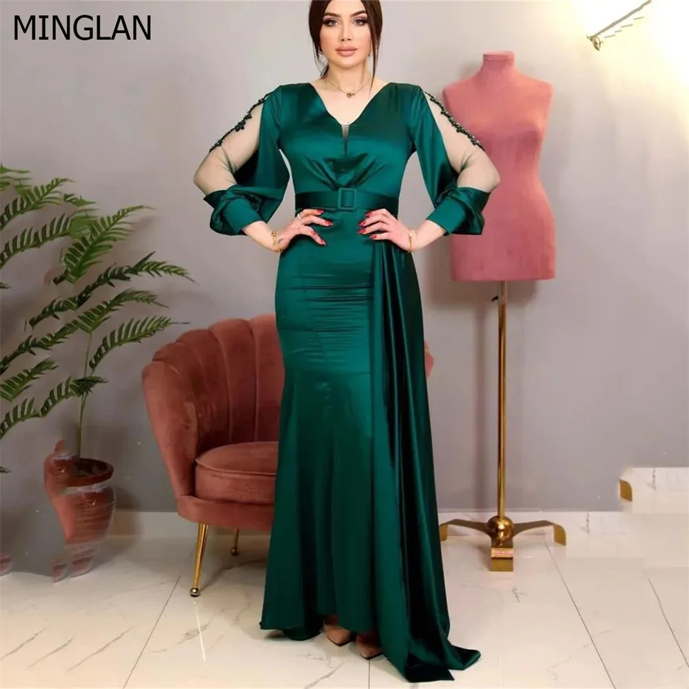 

MINGLAN Luxury V Neck Appliques Crystal Full Sleeve Mermaid Elegant Evening Dress Floor Length Sweep Train Pleat Prom Gown New