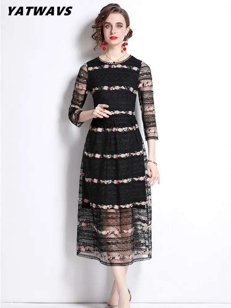 

YATWAVS Flower Embroidery Lace Mesh Dress For Women Fashion Design Hollow Out Slim High Waist Midi Dress Summer Party Vestidos