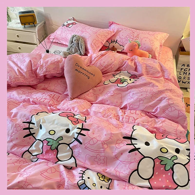 Cute Sanrio Hello Kittys Bedding Set Kawaii Cartoon Student Dormitory Quilt Cover Bed Sheet Pillowcase Four Piece Set Girl Gift