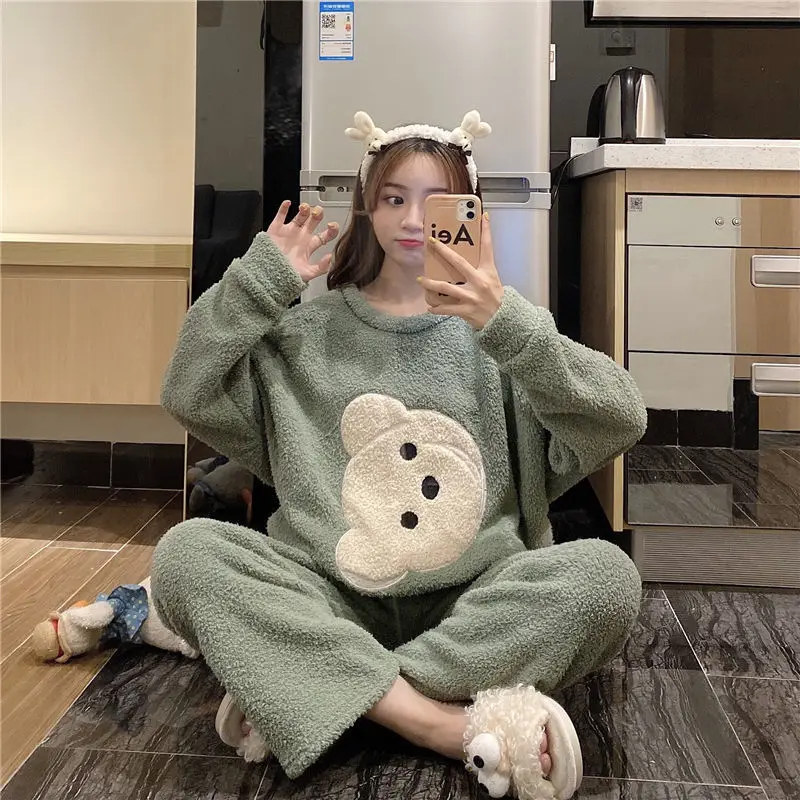 

Осенне-зимняя новая однотонная модная свободная простая Милая пижама плюс бархатная плотная теплая домашняя одежда