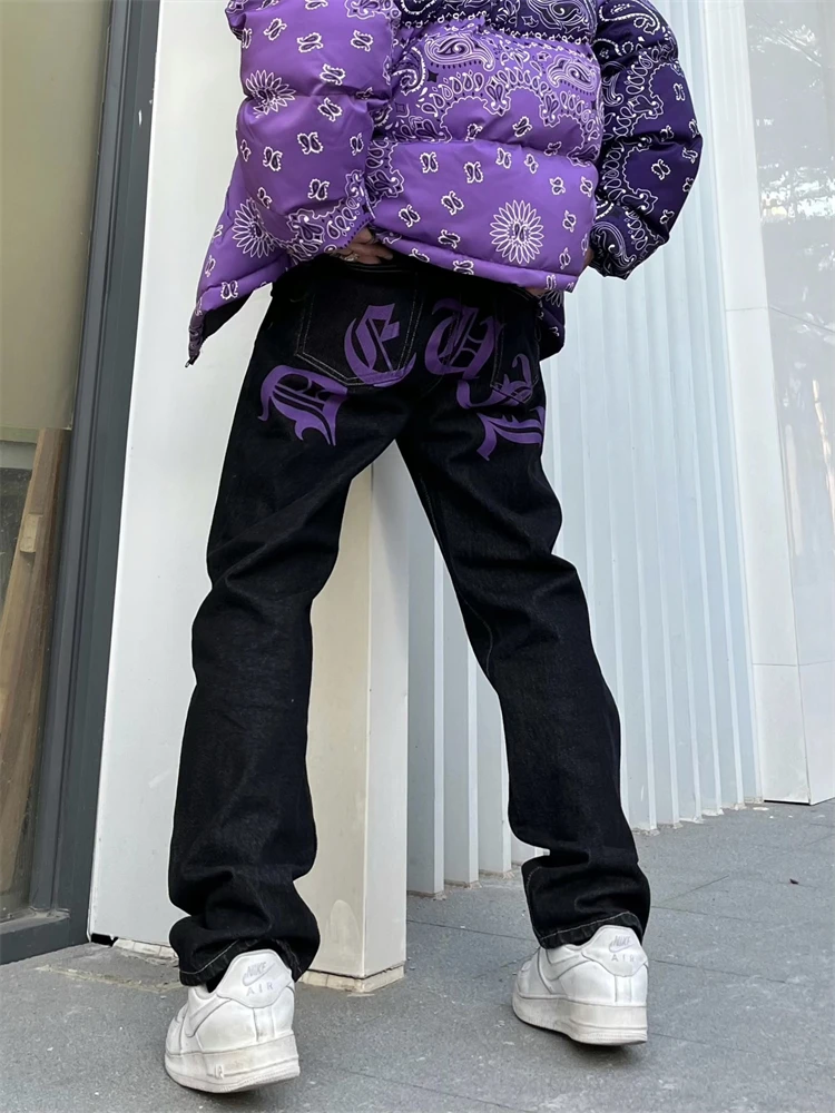 Men's Y2k Jeans Cashew Flowers Purple Streetwear Casual Pants Punk Hip Hop Letter Print Baggy Harajuku Straight Denim Trousers