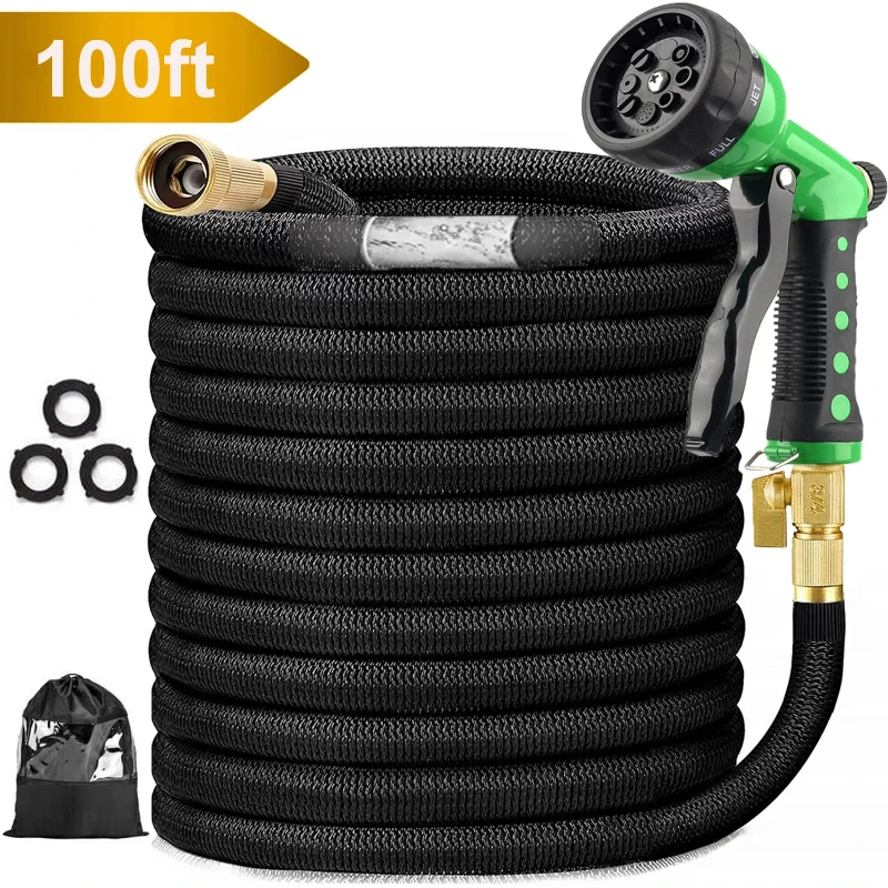 

100ft Upgraded Expandable Garden Hose Set Extra Strength Fabric Triple Layer Latex Core 3/4" Solid Brass Fittings 8 Function Spr