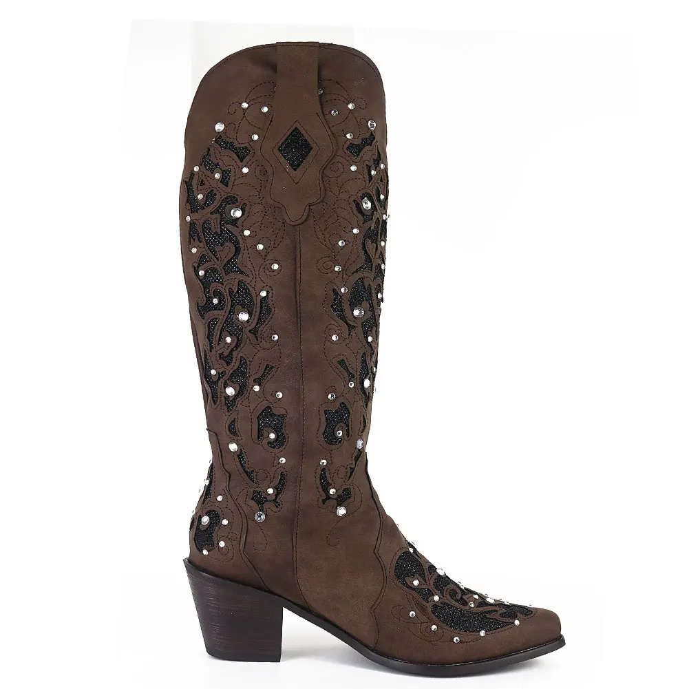 

Gnazhee 2022 Women's Brown Top Quality Pointed Toe Square Heels Slip On Retro Cowboy Cowgirls Western Boots Shoes