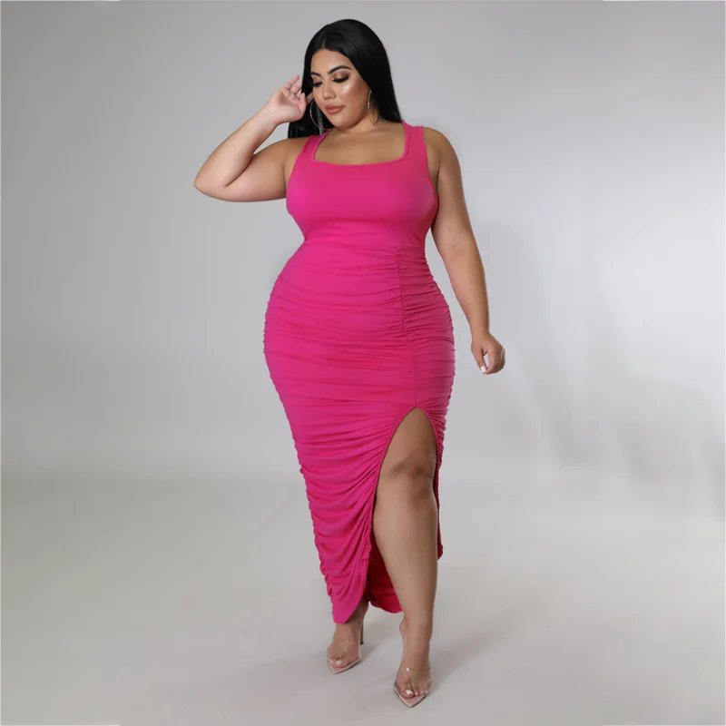 Fashion Sexy Plus Size Dress 4xl  Off-the-shoulder Solid Color Pleated Slit Long Skirt Friends Party Shopping Women's Vest Skirt