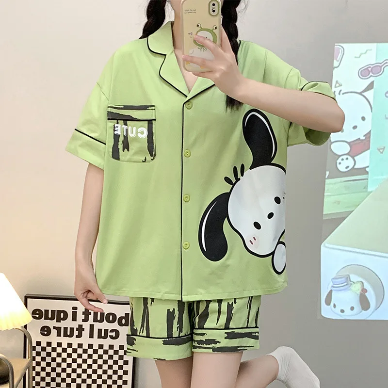

2023 New Sanrio Hello Kitty Cinnamoroll Pochacco Pajamas Ladies Summer Short Sleeve Shorts Thin Cartoon Cardigan Homewear