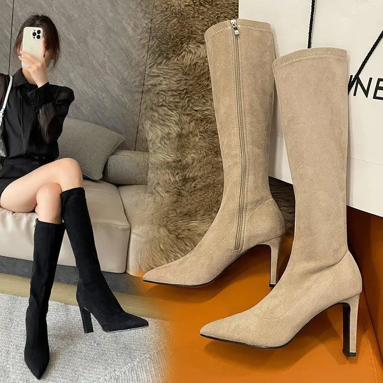 

Женские сапоги выше колена, пуанты сапоги, Женская роскошная дизайнерская зимняя обувь на молнии, выше колена, с острым носком, на резиновой подошве, мода 2023
