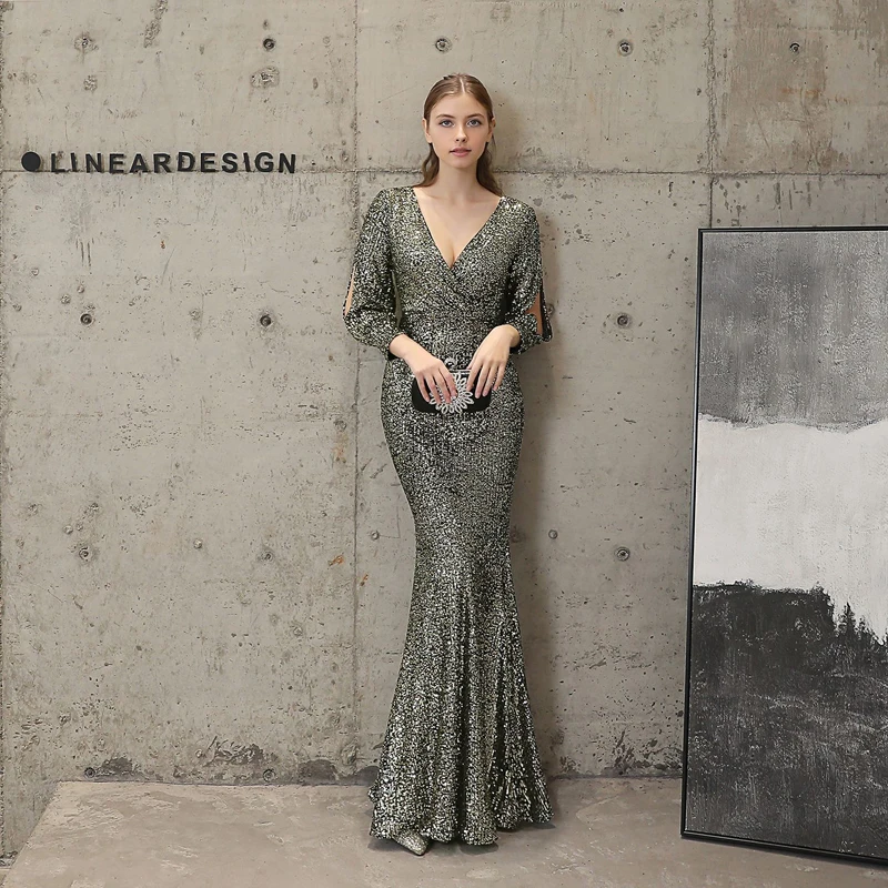 Women Spring Autumn Long Sleeve Sequined Elegant Ladies Sexy Deep V Neck Cocktail Prom Evening Party Long Mermaid dress