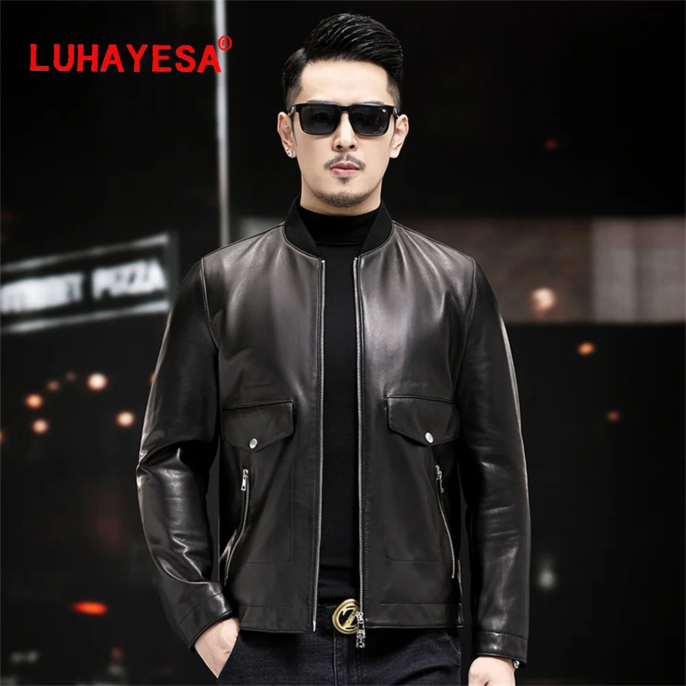 

2022 New LUHAYESA Semi Vegetable Tanning Goat Skin Leather Jacket Casual Baseball Collar Top Quality Leather Genuine Clothing