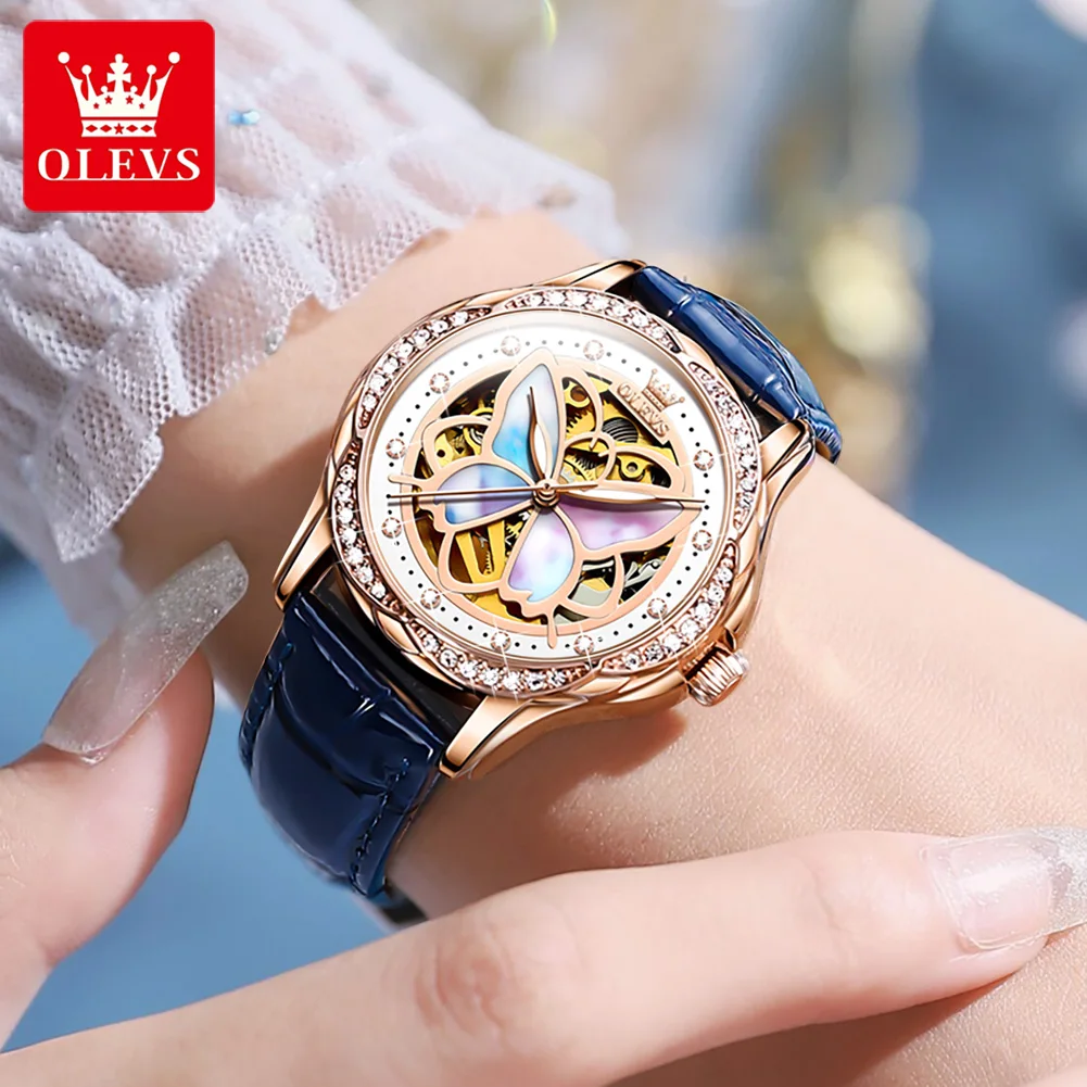 OLEVS Women's Watches Luxury Diamond Automatic Mechanical Watch for Woman Blue Leather Waterproof Ladies Watch Montre Femme enlarge