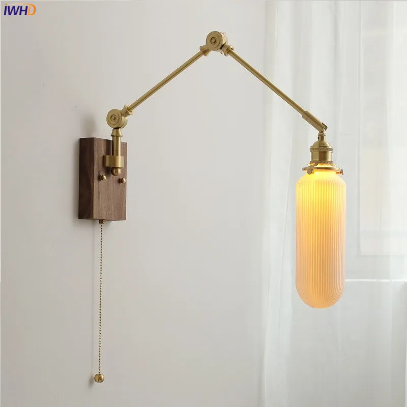 IWHD Long Ceramic Modern Wall Lamp Beside Walnut Wood Canopy Copper Bathroom Mirror Stair Light Up Down Left Right Rotate LED